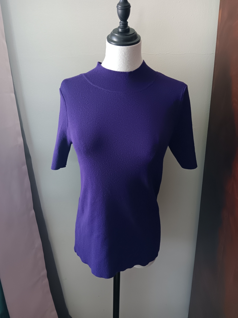 Tahari ASL Deep Purple Short-Sleeve Mock Neck Top
